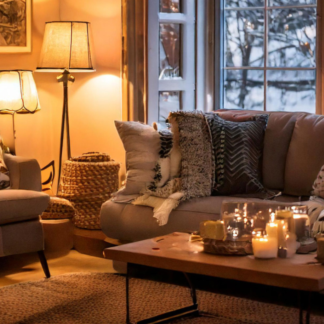 salon comfortable avec beaucoup de coussins avec matériaux différents et éclairage doux