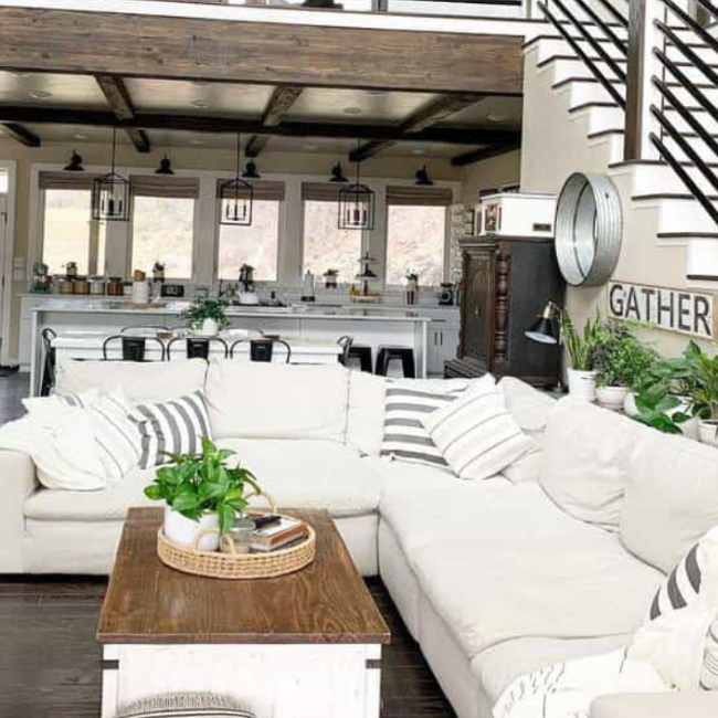 luxueux salon et cuisine, aux couleurs claires