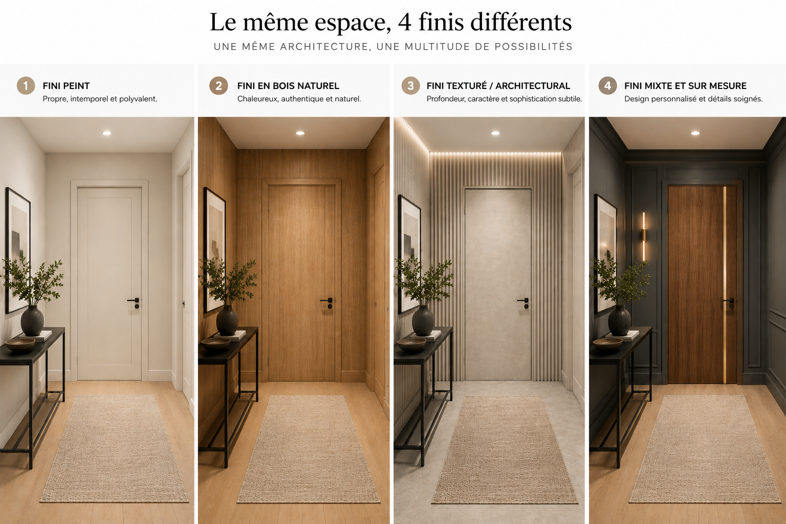 la même pièce déclinée en quatre finitions intérieures différentes