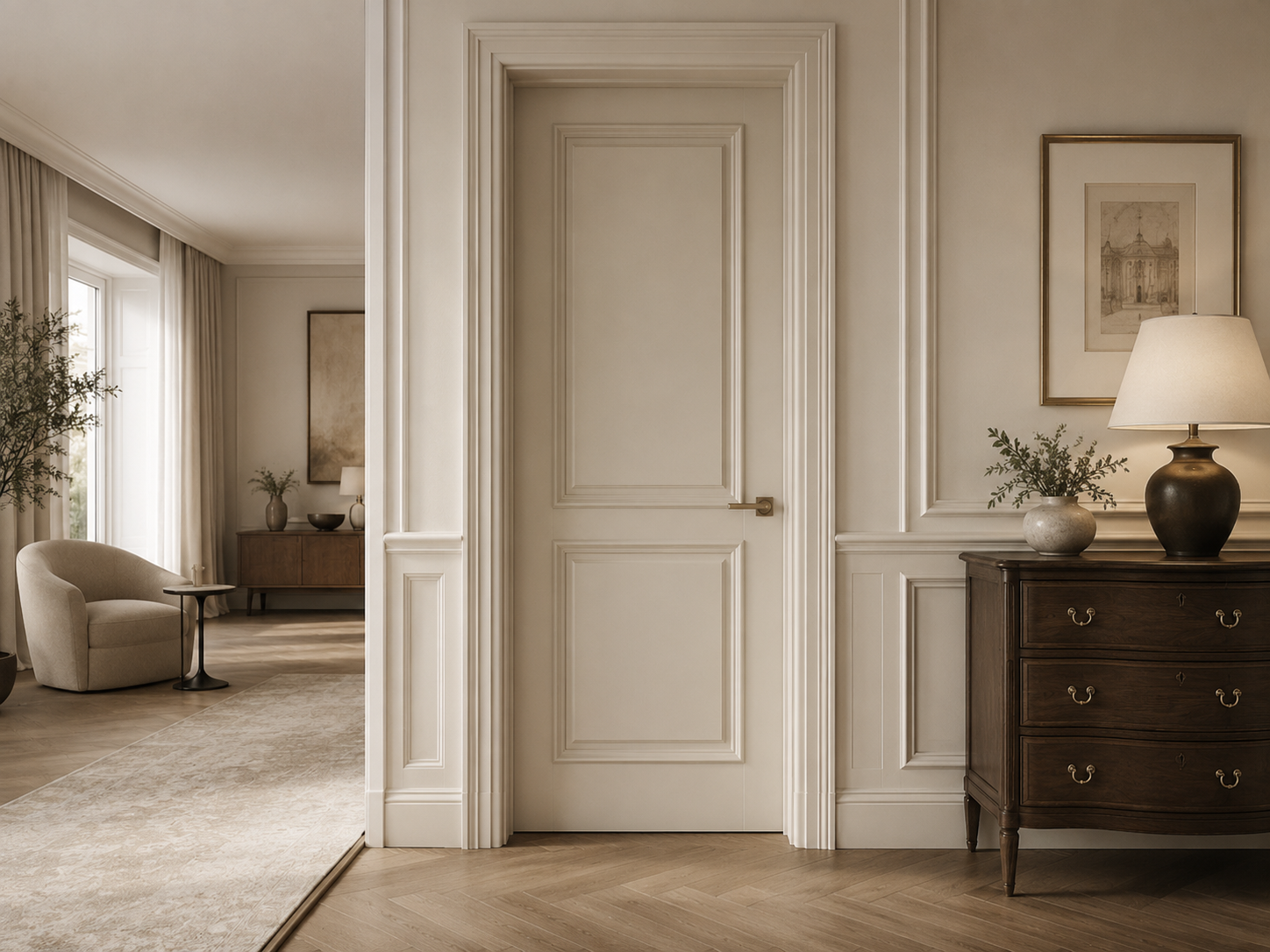 intérieur classique et intemporel avec boiseries traditionnelles et porte à panneaux