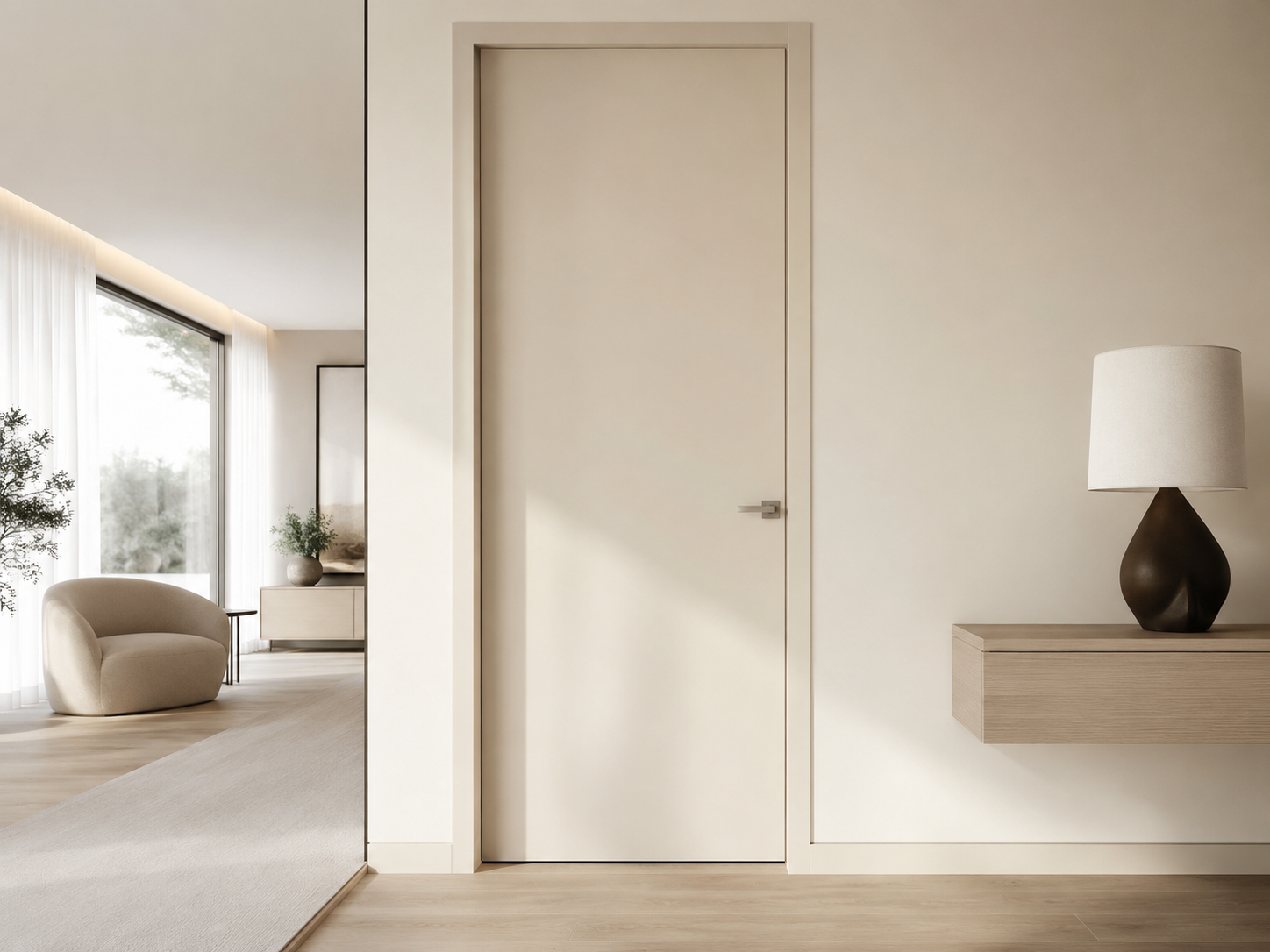 intérieur contemporain et minimaliste avec porte peinte sans moulure