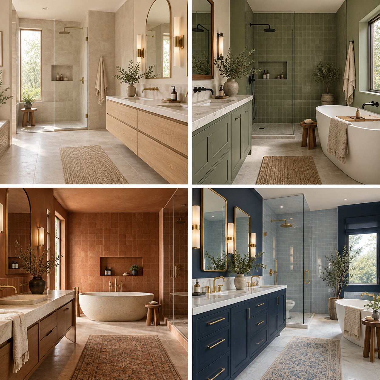 Tableau d'inspiration des quatre familles de couleurs tendance pour la salle de bain avec bois, pierre et métaux associés