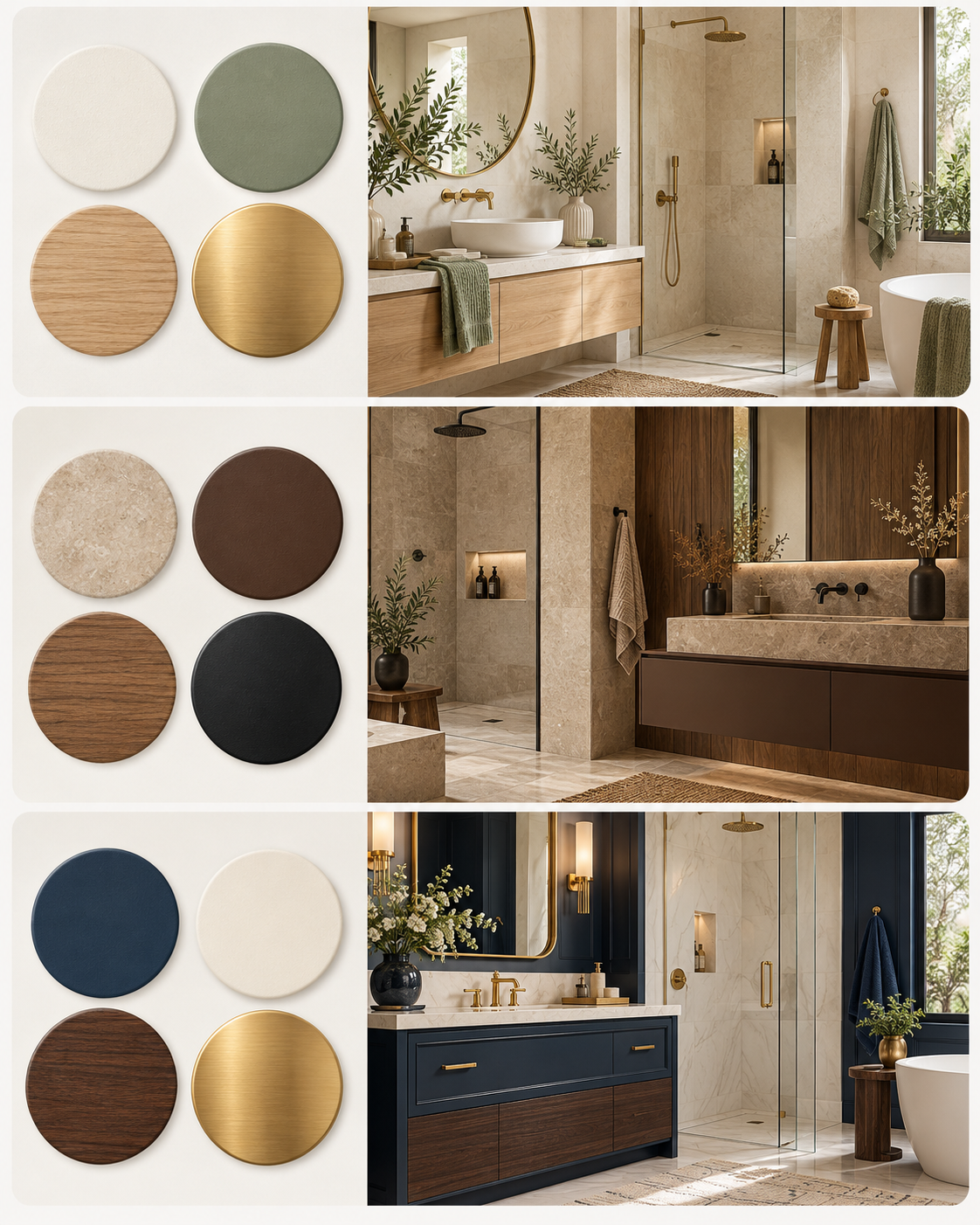 Infographie des 3 palettes de salle de bain : spa naturel, chaleureux contemporain et élégant contrasté